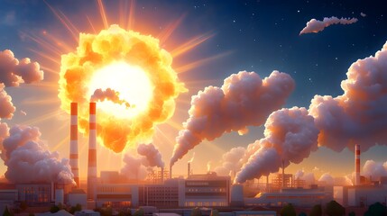 Obraz premium a stylized illustration of an industrial area with smoking chimneys and a nuclear explosion effect in the sun