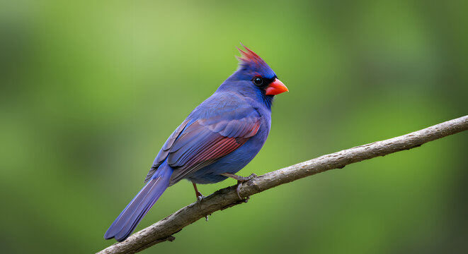 A stunning image of a vibrant blue cardinal perched gracefully on a branch. The bird's bright plumage and striking red beak stand out against the soft green background