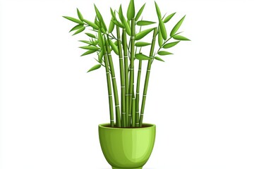 Obraz premium a 2D cartoon illustration of a bamboo plant in a pot, tall and green, white background