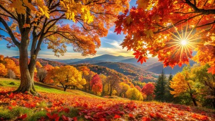 Fototapeta premium Golden autumn leaves blaze in vibrant red and gold, a scenic nature backdrop.