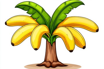 a 2D cartoon illustration of a banana tree with bananas growing, tropical and fruity, white background