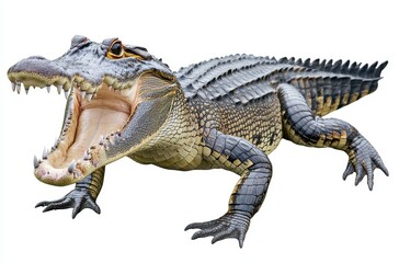 Fototapeta premium Realistic depiction of a crocodile with an open mouth showcasing sharp teeth and intricate skin textures against a plain background
