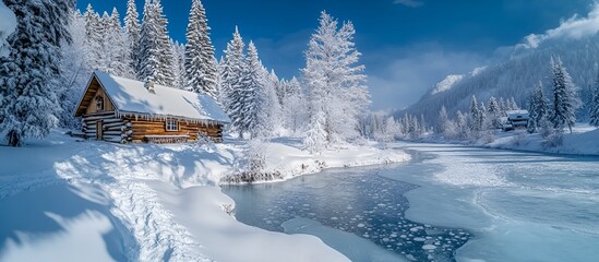 Snowy Forest Landscape with Frosty Trees and Mountain View
