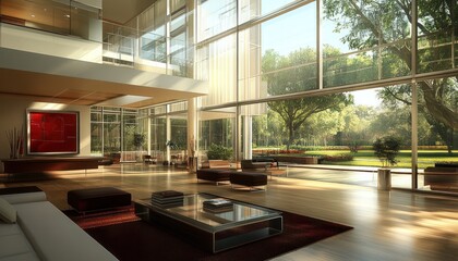 Fototapeta premium Modern Living Room With Large Windows and Garden View