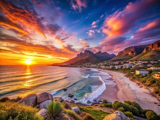 Obraz premium Camps Bay Sunset: Cape Town Beach at Golden Hour