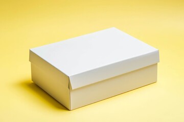 Minimalist white box mockup with soft shadows on a pastel yellow background.