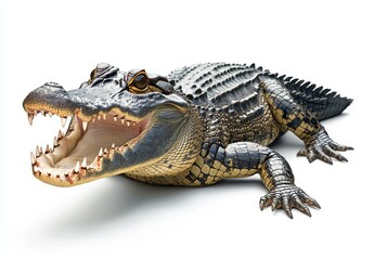 Fototapeta premium Realistic depiction of a large crocodile with an open mouth showcasing its sharp teeth, showcasing intricate scales and vibrant colors against a white background