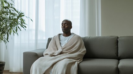 Rare illness patient relaxing with a warm blanket on a sofa. Featuring rest and comfort