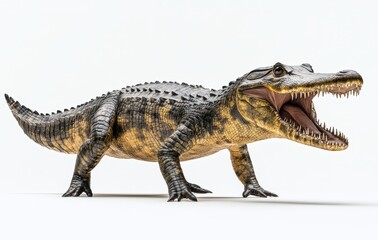 Naklejka premium Realistic depiction of a prehistoric crocodile-like creature showcasing detailed skin texture, open jaws, and vibrant colors against a neutral background