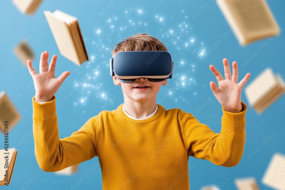 Poster a young boy wearing vr glasses is standing in the center of an open space, surrounded by floating bo