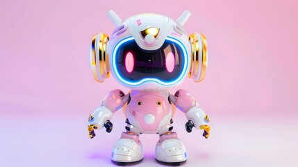a cute robot character with pink and golden accents, it's friendly and futuristic