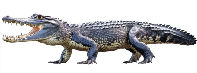 Fototapeta premium Realistic depiction of a prehistoric reptile resembling a crocodile, showcasing detailed scales and fierce expression, perfect for educational and artistic use.