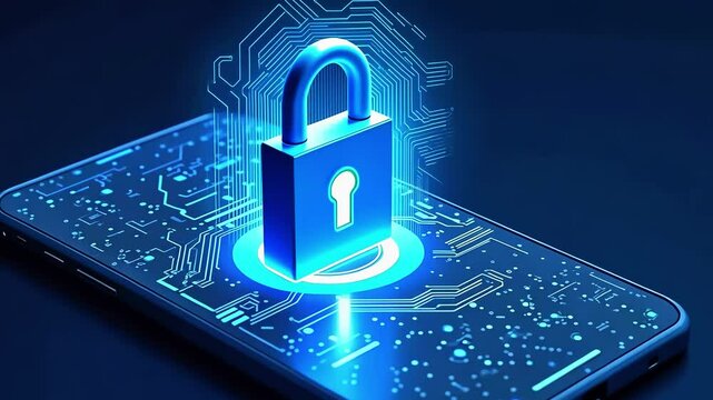 Digital security concept featuring a glowing padlock on a smartphone with a tech background