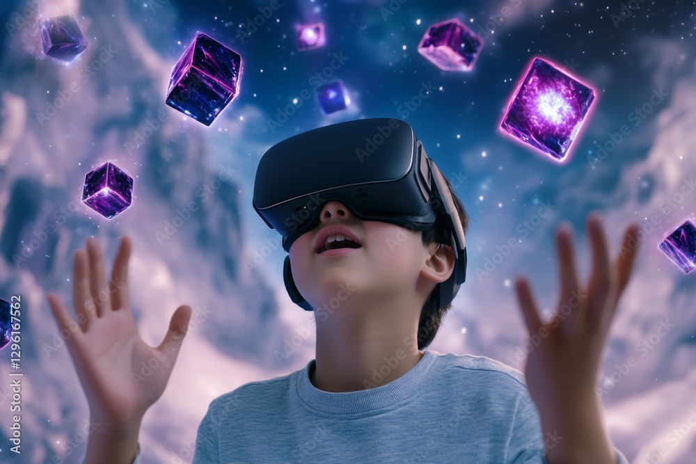 Aufkleber a young boy wearing vr glasses is standing in the center of an open space, surrounded by floating bo