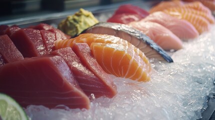 A tray of assorted fish and shrimp is displayed on ice