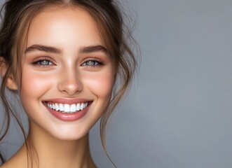 Naklejka premium Beautiful young woman smiling with perfect teeth on a gray background, close-up portrait, beauty and skin care concept, copy space for text, 