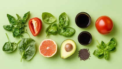 Fresh, Colorful Ingredients For a Healthy Salad Dressing Arranged on a Green Background