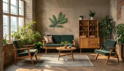 Mid century modern living room with green velvet furniture and plants