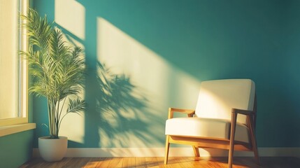 Fototapeta premium Sunlight illuminates a white armchair and potted plant in a teal room.