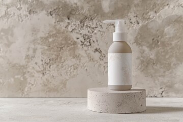 Cosmetic spray bottle mockup with a minimalist label design on a grey stone background.
