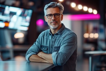 Fototapeta premium Confident businessman with crossed arms standing in modern office