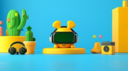 Dynamic 3d illustration of a gaming device set blank green screen smartphone game controller VR headset headphones and console levitating against a neon blue background with glowing lines