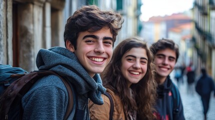 Obraz premium In the charming streets of Porto, Portugal, a vibrant band of youth, their laughter echoing through the air, awaits their departure on a train, their faces etched with anticipation and carefree joy,