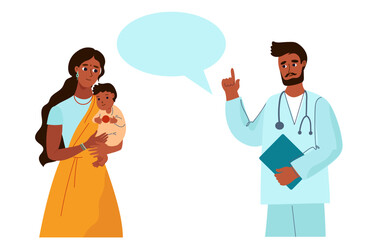 Indian mother with baby in her arms receives advice from male pediatrician. Pediatrics, consultations. India Medicine. cartoon flat vector illustration isolated on white background.