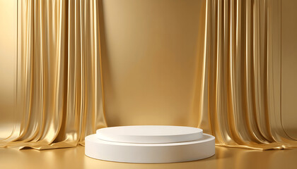 Golden Luxurious Fabric Draped on Pedestal with Blank Podium Shelf on Gold Background – Luxury Concept for Museum or Gallery Backdrops, 3D Rendering