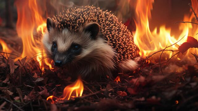 Hedgehog Facing Danger In Burning Forest, Survival Instinct