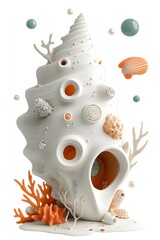 Surreal fantasy illustration of a seashell-shaped house adorned with coral and marine elements, blending oceanic beauty with imaginative architecture in an underwater-inspired world  
