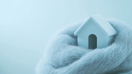 A miniature house surrounded by a soft, fluffy, light blue blanket, symbolizing warmth, comfort, and protection, representing a safe and cozy home environment.