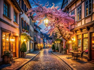 Fototapeta premium Charming European Night Street: Cherry Blossoms & Cozy Shops