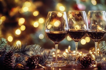 Three wine glasses are filled with red wine and are placed on a table with pine needles and other decorations