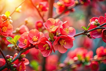 Intense red Japanese quince flowers dominate, a spring garden detail set against a hazy sakura scene.
