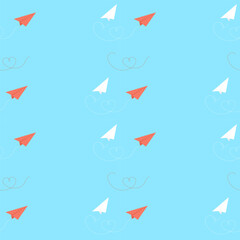 Seamless pattern with paper airplanes with hearts. Vector. 
