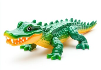 Fototapeta premium Realistic Green Plastic Alligator Toy with Bright Yellow Underside and Detailed Textures, Ideal for Playtime or as a Decorative Item for Kids’ Rooms