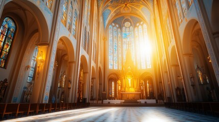 Obraz premium Stunning sunlight streams through stained glass in a grand church sanctuary during afternoon worship