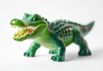 Naklejka premium Realistic Green Toy Crocodile Figurine on White Background with Detailed Texture and Vivid Colors for Children's Play and Education
