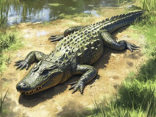 Obraz premium Realistic illustration of a crocodile basking by water in a lush green environment, capturing intricate details of scales and surroundings