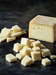 A block of cheese with a pile of cheese cubes on a black surface. The cheese cubes are cut into small pieces, and the block of cheese is cut into a wedge. Concept of indulgence and enjoyment