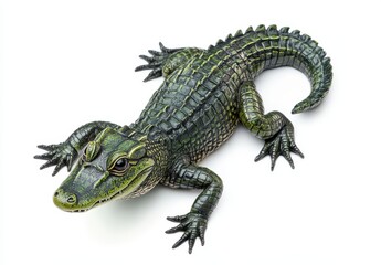 Naklejka premium Realistic model of a crocodile with detailed scales and lifelike features on a white background, showcasing wildlife art and craftsmanship