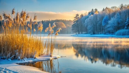 Fototapeta premium Low light paints a winter scene: frozen reeds, snowy lake, silent forest.