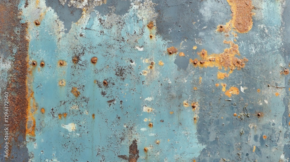 Poster a textured surface reveals layers of peeling blue paint and patches of rust, blending earthy tones o