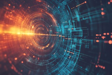 Fototapeta premium Abstract Digital Technology Background Orange Blue Futuristic Network Data Circuit Lines Tunnel Modern Design Innovation Graphic Art Illustration 