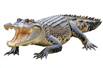 Obraz premium Realistic portrayal of a fearsome crocodile with open jaws, showcasing detailed scales, sharp teeth, and powerful limbs, set against a neutral background
