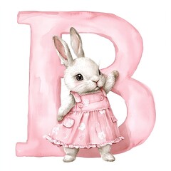 Adorable Bunny in Pink Dress Beside a Watercolor Letter B; Easter Charm!