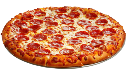 Delicious pepperoni pizza presenting perfectly sliced triangles on transparent background