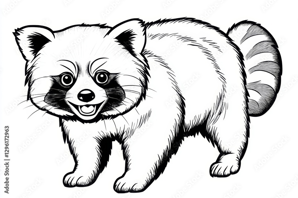 Aufkleber Black and white line drawing illustration of an American red panda walking towards the viewer, smiling with its tail raised up in front of it. The lines should be clean and precise to highlight