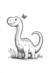 Fototapeta premium Big Apatosaurus with a long tail curiously observing a butterfly in a lush grassy area under a clear sky